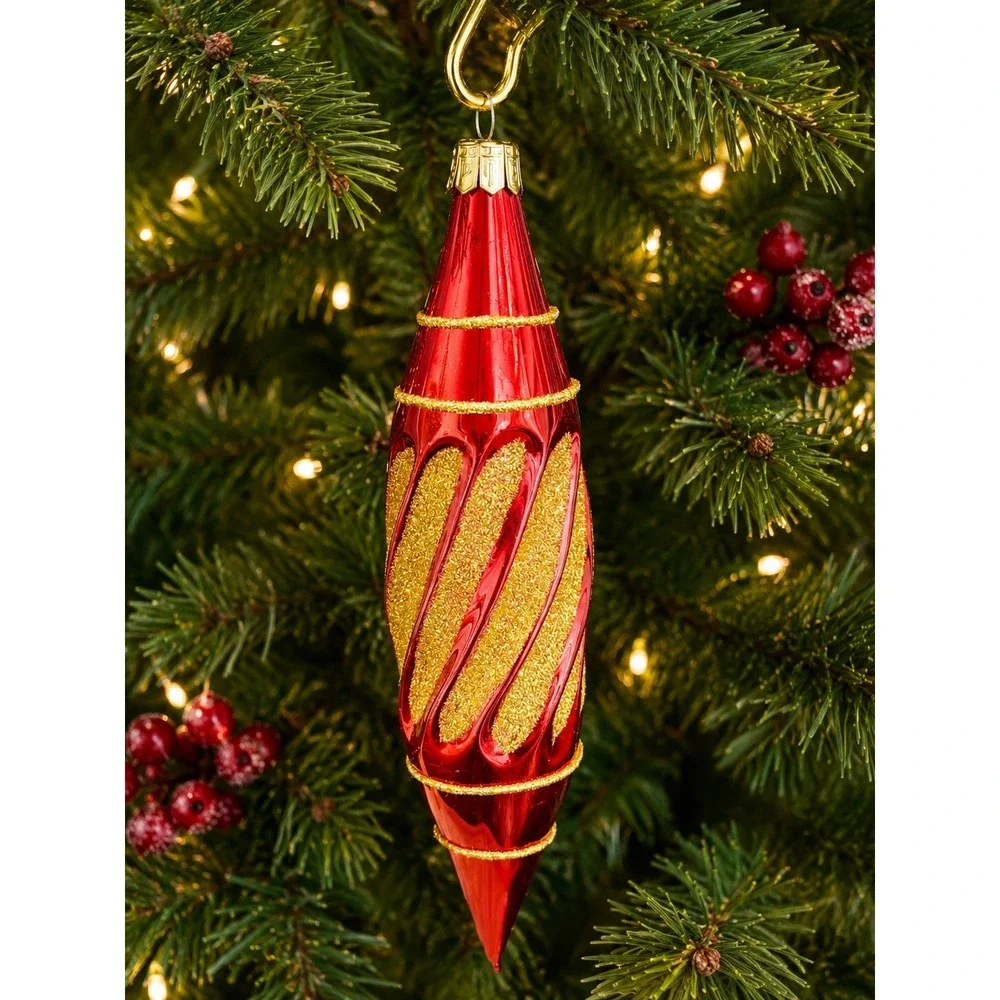 Pier 1 Imports Red Gold Glitter Swirl Glass Drop Christmas Ornaments Set of 2